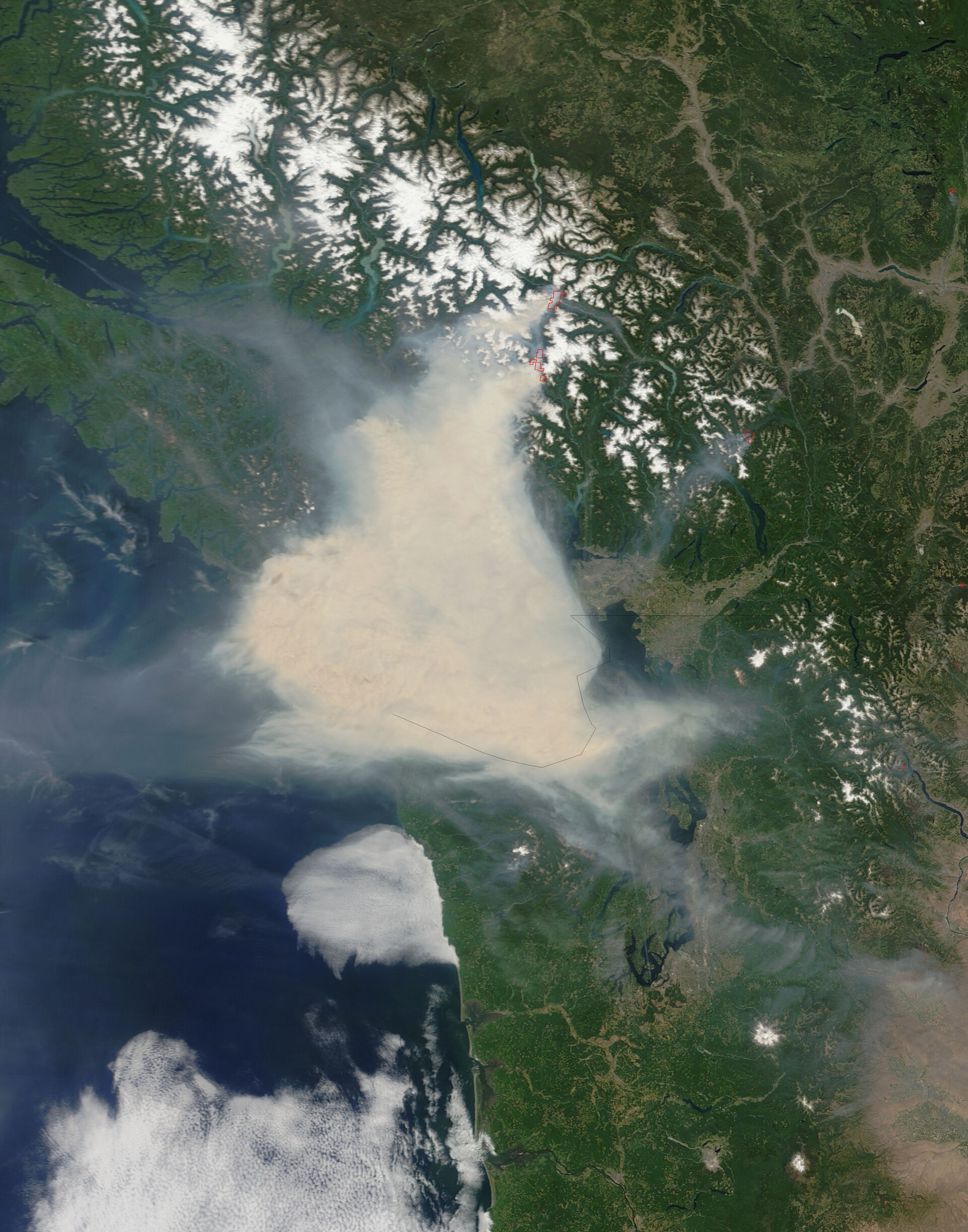 Satellite view of smoke plumes drifting over a forested massif.